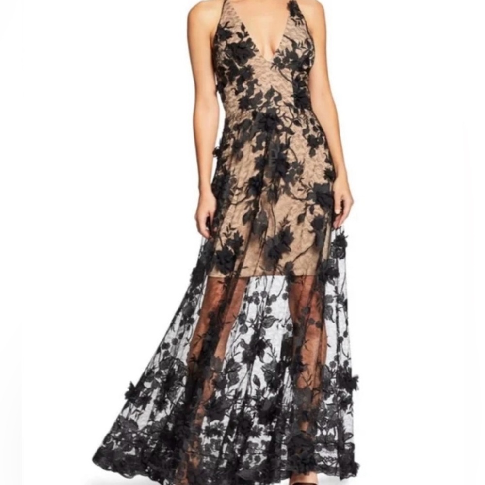Dress the Population Sidney Deep V-Neck 3D Lace Gown Size Large